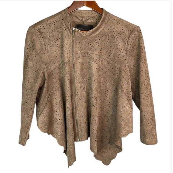 BCBGMAXAZRIA Perforated Faux Suede Crop Jacket Mocha Draped Front 3/4 Sleeves L - Picture 2 of 13